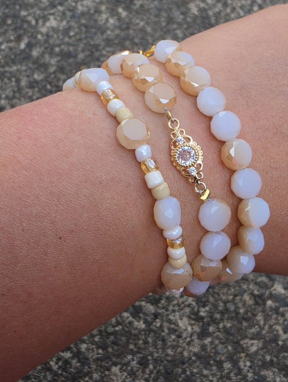 Boho Glass Bead Stack Bracelet Set 18k Gold Plated Brass CZ Charm